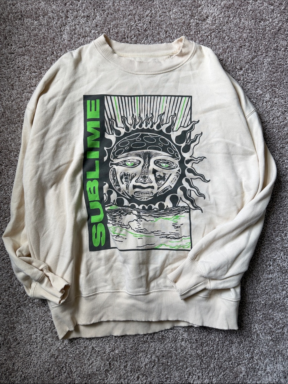 AE Graphic Crewneck Sweater in Cream with Green Print